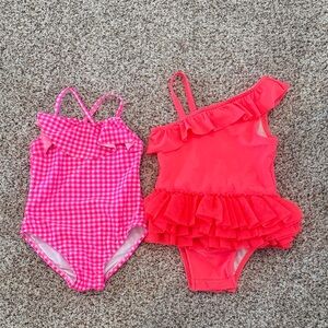 Girls' Pink Gingham & Coral Ruffle One-Piece Swimsuits - Set of 2